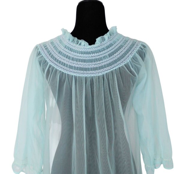Vintage Sheer Cyan Blue Dressing Gown Queentex Lingerie Robe Smocked Collar N84 - Picture 8 of 10